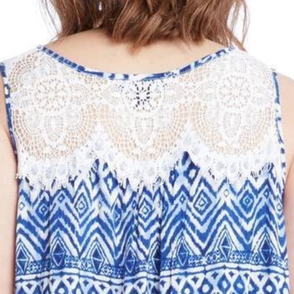 Karen Kane Women's Plus 1X 2X Blue Ikat Lace Yoke Sleeveless Tunic Top Boho NWT - Picture 4 of 9